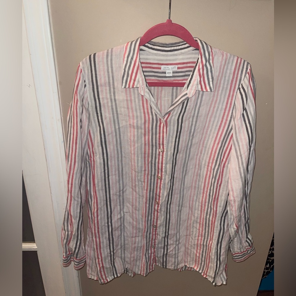 J.Jill Love Linen 100% Linen Essential Shirt Pink Stripped Button Up Shirt Large - Picture 2 of 6
